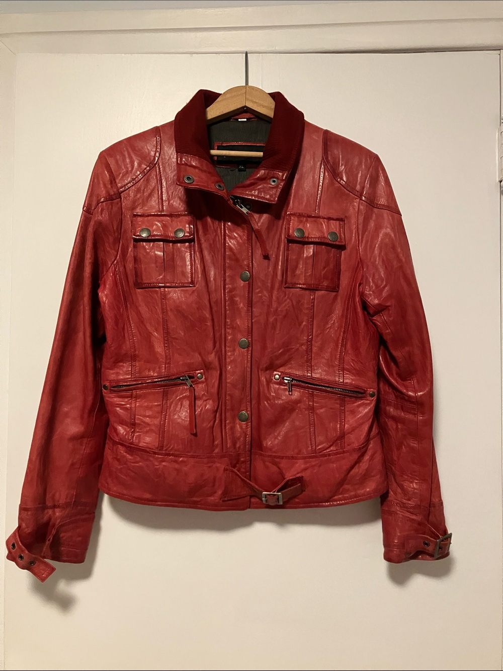 Women's Red Leather Bikercore Jacket with Snap & Zip Pockets